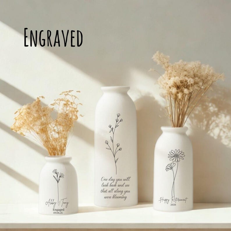 Wildflower Design Vase Personalized Ceramic Vessel Custom Text Option Multiple Sizes Available Modern Minimalist Style Elegant Home Decoration Wedding Gift Idea Anniversary Present Special Occasion Keepsake Beautiful Display Piece