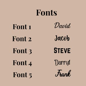 May include: A beige background displays the word "Fonts" in a bold, black serif font. Below, five font examples are listed, each paired with a name: David, Jacob, STEVE, Darryl, and Frank. The font names are in various styles.