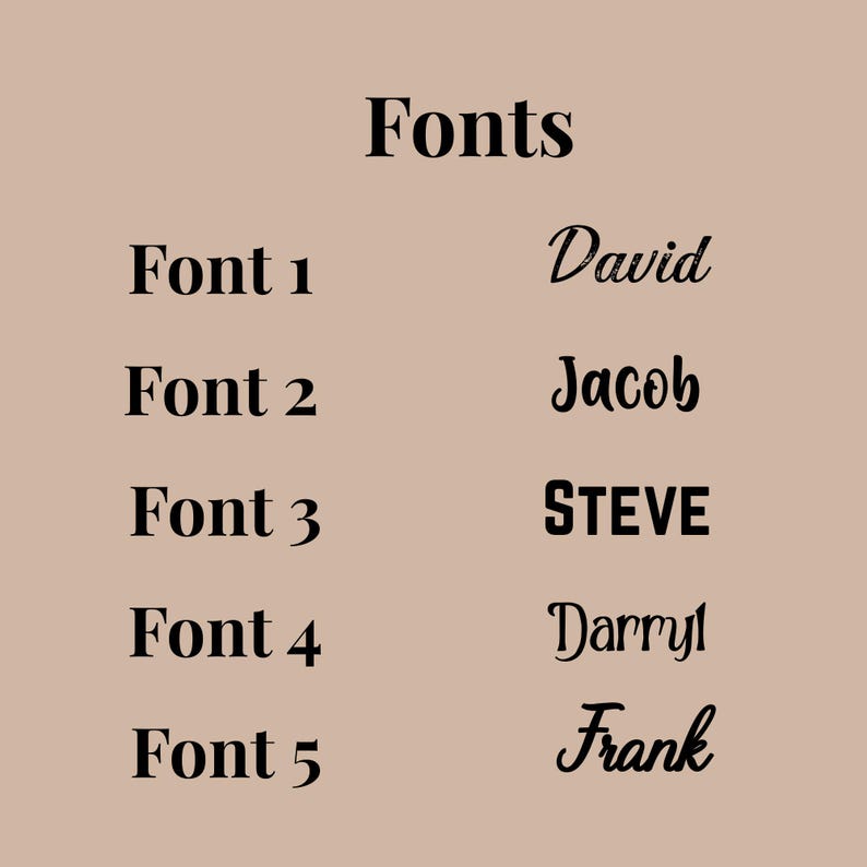 May include: A beige background displays the word "Fonts" in a bold, black serif font. Below, five font examples are listed, each paired with a name: David, Jacob, STEVE, Darryl, and Frank. The font names are in various styles.