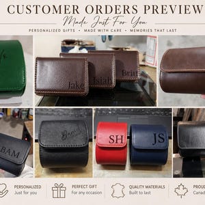 May include: A collection of rectangular and square cases in green, brown, black, red, and blue, each featuring personalised engraved names or initials. The text CUSTOMER ORDERS PREVIEW is displayed at the top, with additional text at the bottom.