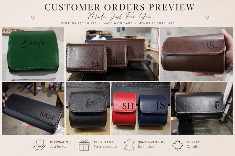May include: A collection of rectangular and square cases in green, brown, black, red, and blue, each featuring personalised engraved names or initials. The text CUSTOMER ORDERS PREVIEW is displayed at the top, with additional text at the bottom.
