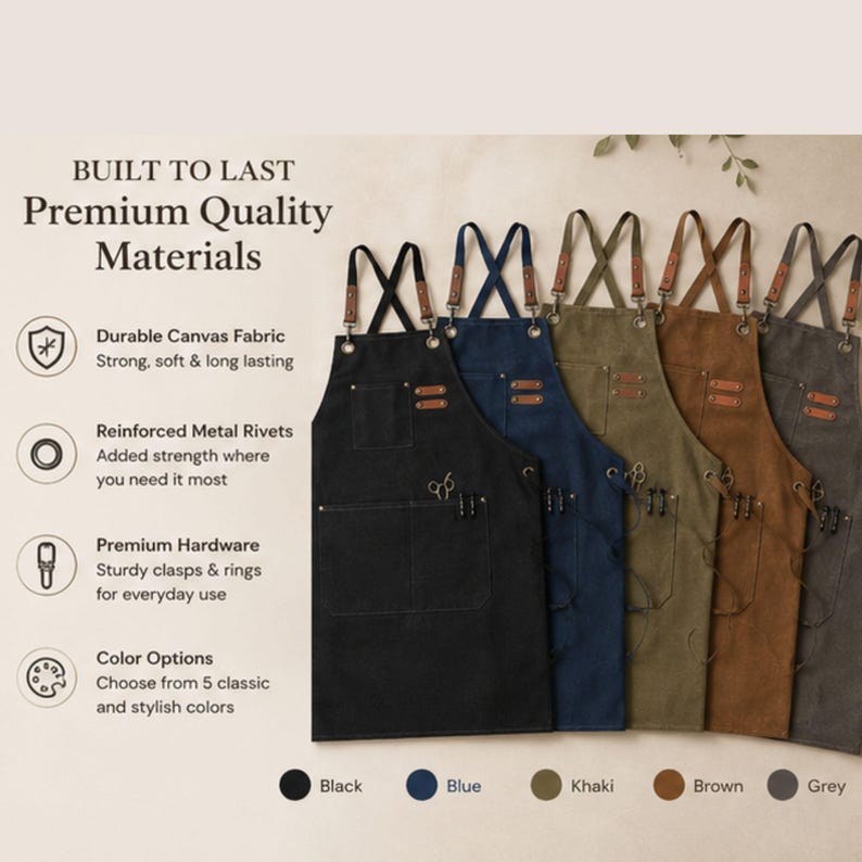 May include: Five canvas aprons with cross-back straps, metal hardware, and front pockets, displayed in black, blue, khaki, brown, and gray. Text reads: BUILT TO LAST Premium Quality Materials, Durable Canvas Fabric, Reinforced Metal Rivets, Premium Hardware, Color Options Choose from 5 classic and stylish colors.
