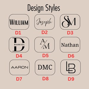May include: A beige graphic with the text "Design Styles" at the top. Nine design options are displayed in rounded rectangular boxes, each with a name or initials. The options are labelled D1 to D9.