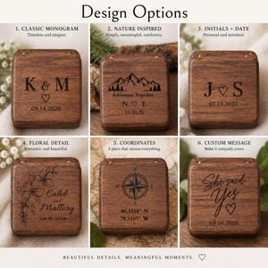 May include: A grid of six square wooden ring boxes featuring various laser-engraved designs including monograms, mountain landscapes, floral patterns, compasses, and custom text such as 'She said Yes' with dates and coordinates.