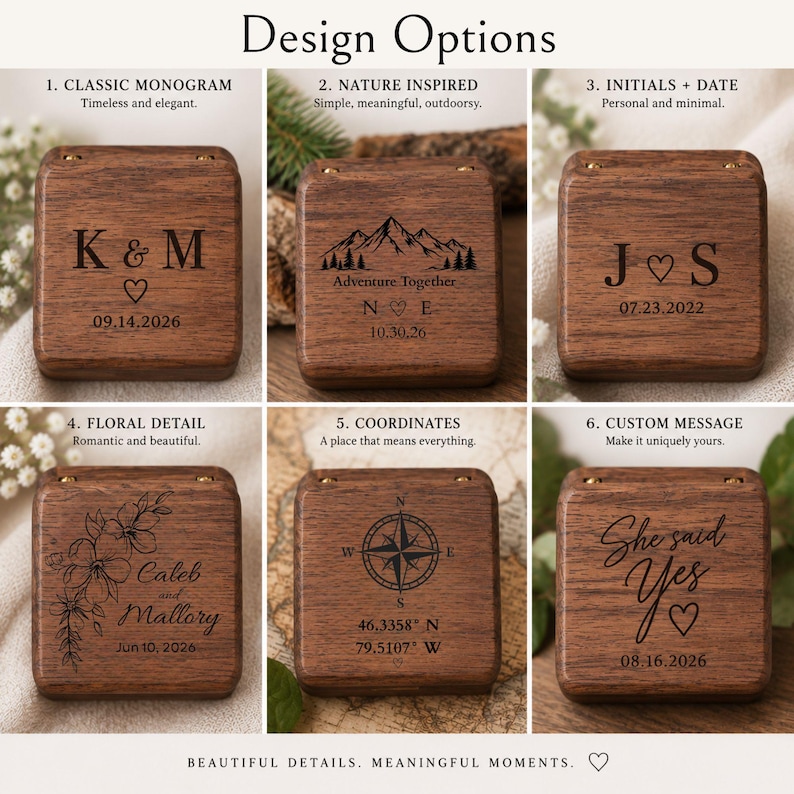 May include: A grid of six square wooden ring boxes featuring various laser-engraved designs including monograms, mountain landscapes, floral patterns, compasses, and custom text such as 'She said Yes' with dates and coordinates.