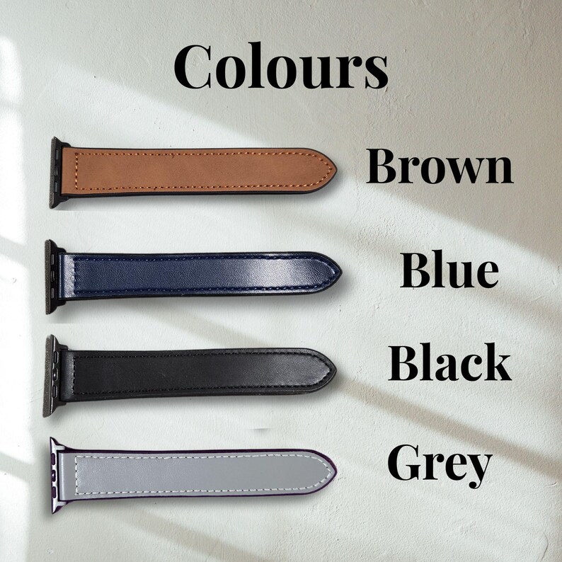 Pu&ograve; includere: Quattro cinturini per orologi in pelle marrone, blu, nero e grigio. La parola "Colori" &egrave; in alto nell'immagine, con i nomi dei colori elencati accanto a ciascun cinturino. I cinturini sono mostrati su uno sfondo chiaro.