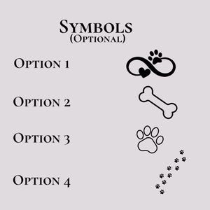 K&ouml;nnte beinhalten: Bild mit dem Text "SYMBOLS (OPTIONAL)" &uuml;ber vier Symboloptionen. Option 1 zeigt ein Unendlichkeitssymbol mit einem Pfotenabdruck und einem Herzen. Option 2 ist ein Knochen. Option 3 ist ein Pfotenabdruck. Option 4 ist eine Spur von Pfotenabdr&uuml;cken.