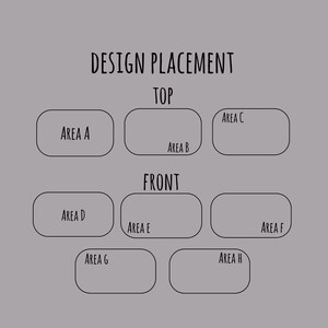May include: A grey graphic showing design placement areas labelled A to H, with the text "DESIGN PLACEMENT" at the top. The areas are arranged in rows labelled "TOP" and "FRONT".