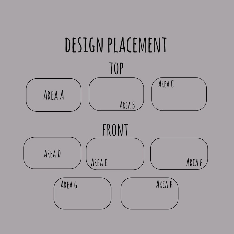 May include: A grey graphic showing design placement areas labelled A to H, with the text "DESIGN PLACEMENT" at the top. The areas are arranged in rows labelled "TOP" and "FRONT".