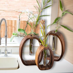 Scandinavian-inspired wooden vase with glass tube, chic and simple home styling accessory