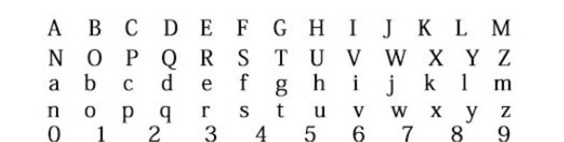 Pode incluir: Um gr&aacute;fico com o alfabeto em letras mai&uacute;sculas e min&uacute;sculas, juntamente com os n&uacute;meros de 0 a 9.