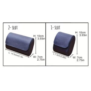 May include: Two navy blue watch cases are displayed. The 2-slot case is 5.7 inches long, 2.75 inches wide, and 3.93 inches high. The 1-slot case is 2.95 inches long, 2.75 inches wide, and 3.93 inches high. The cases have a flap closure.