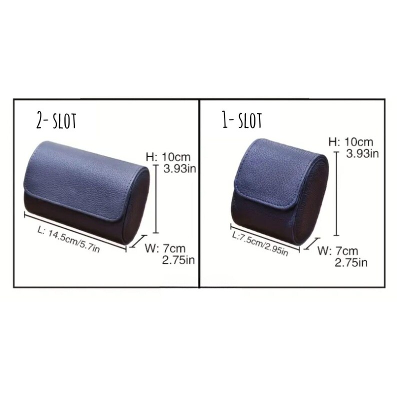 May include: Two navy blue watch cases are displayed. The 2-slot case is 5.7 inches long, 2.75 inches wide, and 3.93 inches high. The 1-slot case is 2.95 inches long, 2.75 inches wide, and 3.93 inches high. The cases have a flap closure.