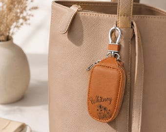 Custom Key Fob Holder Keychain Car Key Case for Remote Cover Engraved Faux Leather Key Fob Pouch Personalized Key Protector Zippered Holder