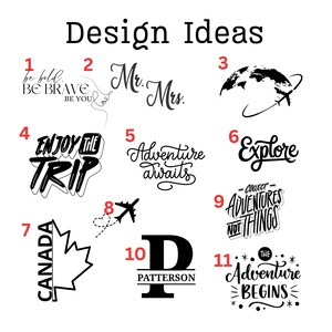 K&ouml;nnte beinhalten: Eine Sammlung von Designideen in schwarzem Text. Die Phrasen umfassen "Be Bold, Be Brave, Be You", "Mr. & Mrs.", "Enjoy the Trip", "Adventure Awaits", "Explore", "Canada", "Collect Adventures Not Things", "Patterson" und "The Adventure Begins".