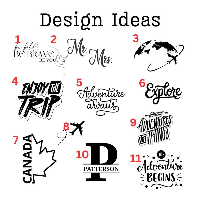 K&ouml;nnte beinhalten: Eine Sammlung von Designideen in schwarzem Text. Die Phrasen umfassen "Be Bold, Be Brave, Be You", "Mr. & Mrs.", "Enjoy the Trip", "Adventure Awaits", "Explore", "Canada", "Collect Adventures Not Things", "Patterson" und "The Adventure Begins".