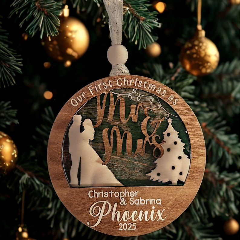 First Christmas Married Ornament Mr and Mrs Engraved Wood Ornament Newlywed Gift Custom Wedding Keepsake Personalized Christmas Decoration25 Style B