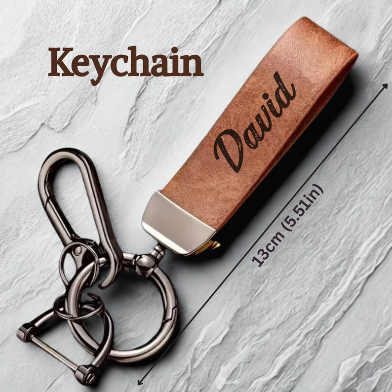 Personalized Vegan Keychain Custom Engraved Accessory Wedding Party Gift High Quality Material Metal Clasp Ring Double Sided Option Groomsmen Present Special Occasion Keepsake Brown Grey Color Choice Handcrafted Custom Gift Sustainable