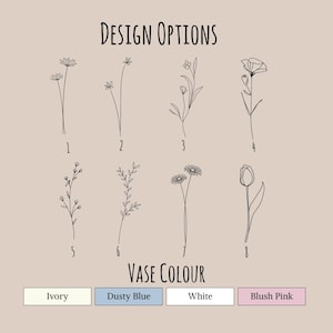 Pu&ograve; includere: Un grafico intitolato Design Options che presenta otto illustrazioni floreali a linee nere numerate da uno a otto. Sotto, una sezione intitolata Vase Colour mostra quattro campioni rettangolari etichettati Ivory, Dusty Blue, White e Blush Pink.