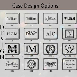 Puede incluir: Una cuadr&iacute;cula de diecis&eacute;is opciones de dise&ntilde;o para estuches, cada una en un marco cuadrado. Los dise&ntilde;os presentan nombres, iniciales y elementos decorativos como coronas de laurel y cornamentas. El texto "Case Design Options" est&aacute; en la parte superior.