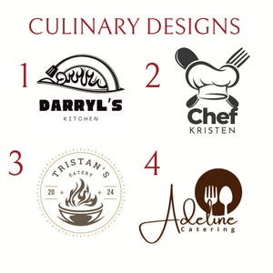 May include: A collection of four culinary logo designs labeled CULINARY DESIGNS. Design 1 features a spatula and flames with text DARRYL'S KITCHEN. Design 2 shows a chef hat with a spoon and fork and text Chef KRISTEN. Design 3 is a circular emblem with a bowl of flames and text TRISTAN'S EATERY 2024. Design 4 displays a fork and spoon silhouette with text Adeline Catering.
