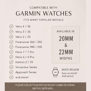 Pu&ograve; includere: Una tabella di compatibilit&agrave; per orologi Garmin che elenca modelli come Venu, Forerunner, Fenix, Instinct, Vivoactive e Approach. Il testo specifica la disponibilit&agrave; in larghezze da 20mm e 22mm, include un'icona di rilascio rapido e consiglia di verificare.