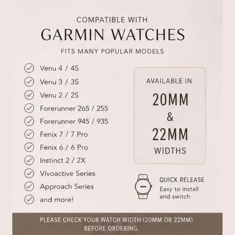 Pu&ograve; includere: Una tabella di compatibilit&agrave; per orologi Garmin che elenca modelli come Venu, Forerunner, Fenix, Instinct, Vivoactive e Approach. Il testo specifica la disponibilit&agrave; in larghezze da 20mm e 22mm, include un'icona di rilascio rapido e consiglia di verificare.