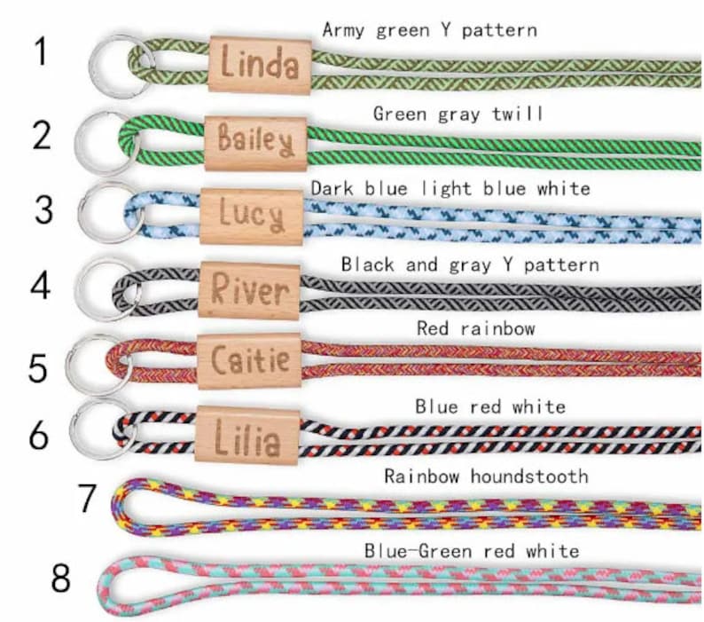 Pode incluir: Oito chaveiros com etiquetas de madeira e cord&otilde;es de diferentes cores. As etiquetas s&atilde;o gravadas com nomes: Linda, Bailey, Lucy, River, Caitie, Lilia. Os cord&otilde;es s&atilde;o de v&aacute;rios padr&otilde;es: padr&atilde;o Y verde militar, sarja verde cinzenta, azul escuro azul claro branco, padr&atilde;o Y preto e cinza, arco-&iacute;ris vermelho, azul vermelho branco, xadrez arco-&iacute;ris, azul-verde vermelho branco.