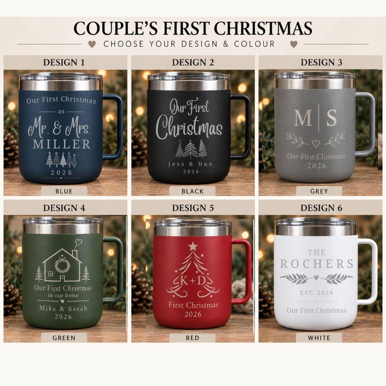 May include: Six stainless steel travel mugs with lids, each featuring unique laser-engraved holiday designs. Colors include blue, black, grey, green, red, and white. Text includes 'Our First Christmas', names, and the year 2026 on each mug.