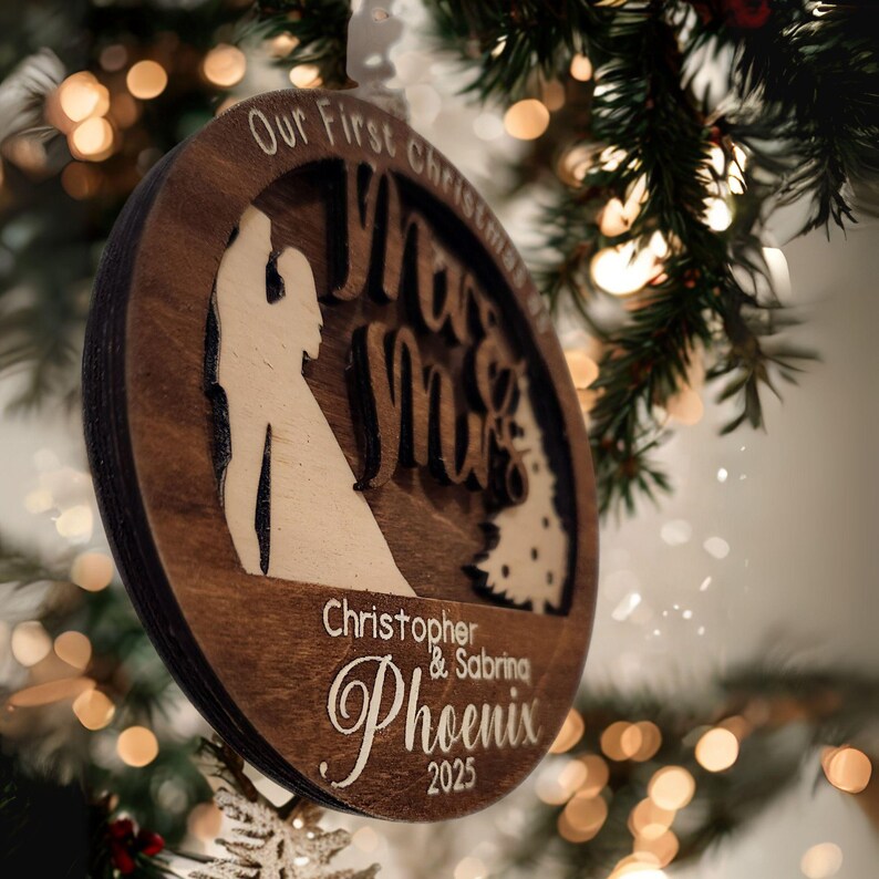 First Christmas Married Ornament Mr and Mrs Engraved Wood Ornament Newlywed Gift Custom Wedding Keepsake Personalized Christmas Decoration25 image 9