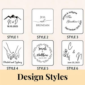 May include: Six square white panels displaying custom engraving options labeled Style 1 through Style 6. Designs include mountain silhouettes, floral wreaths, botanical illustrations, and hand-holding graphics with various names and dates like 18.10.2025, September 20th, 2025, July 26, 2025, and June 20, 2025.
