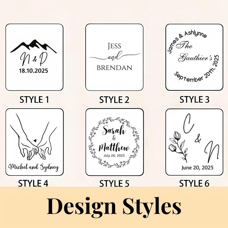 May include: Six square white panels displaying custom engraving options labeled Style 1 through Style 6. Designs include mountain silhouettes, floral wreaths, botanical illustrations, and hand-holding graphics with various names and dates like 18.10.2025, September 20th, 2025, July 26, 2025, and June 20, 2025.