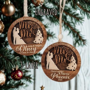 First Christmas Married Ornament Mr and Mrs Engraved Wood Ornament Newlywed Gift Custom Wedding Keepsake Personalized Christmas Decoration25 image 5