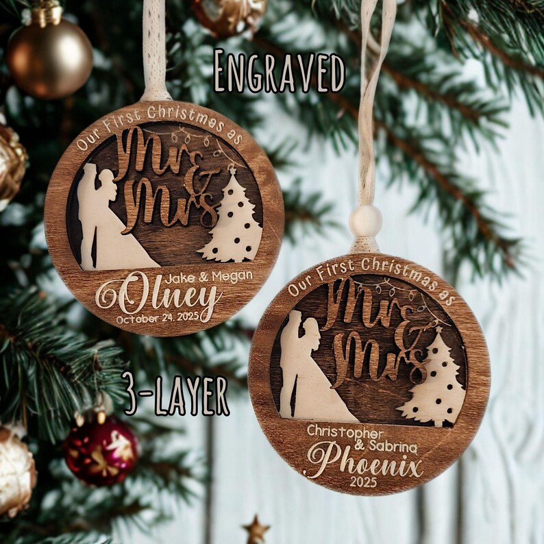 First Christmas Married Ornament Mr and Mrs Engraved Wood Ornament Newlywed Gift Custom Wedding Keepsake Personalized Christmas Decoration25 image 5
