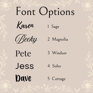 K&ouml;nnte beinhalten: Eine beige Grafik mit Schriftarten-Optionen und f&uuml;nf nummerierten Stilen. Die Liste enth&auml;lt Karen als 1 Sage, Becky als 2 Magnolia, Pete als 3 Windsor, Jess als 4 Soho und Dave als 5 Cottage. Der Text ist schwarz und der Rand zeigt wei&szlig;e Blumenmotive.