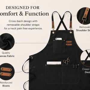 May include: A black canvas apron featuring a cross-back design with removable shoulder straps, reinforced rivets, and multiple pockets. The text reads: DESIGNED FOR Comfort & Function, Cross-back design with removable shoulder straps for a neck pain free experience, Quality Canvas Fabric, Reinforced Rivets, Removable Shoulder Straps, Cross-Back Design.