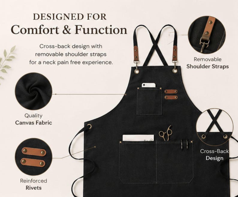 May include: A black canvas apron featuring a cross-back design with removable shoulder straps, reinforced rivets, and multiple pockets. The text reads: DESIGNED FOR Comfort & Function, Cross-back design with removable shoulder straps for a neck pain free experience, Quality Canvas Fabric, Reinforced Rivets, Removable Shoulder Straps, Cross-Back Design.