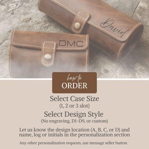 May include: Two brown leather cases, one rectangular and one cylindrical, with personalized text. The rectangular case has "DMC" embossed. The cylindrical case is labeled "David". The image includes ordering instructions.