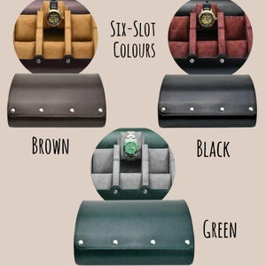 May include: Six-slot watch storage cases in brown, black, and green. Each case features a smooth exterior with four silver-tone metal studs on the front flap. The interior displays six individual watch cushions in matching or contrasting colours.