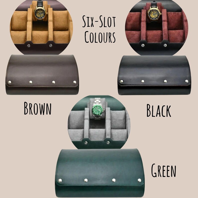 May include: Six-slot watch storage cases in brown, black, and green. Each case features a smooth exterior with four silver-tone metal studs on the front flap. The interior displays six individual watch cushions in matching or contrasting colours.