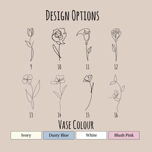 Pu&ograve; includere: Un grafico intitolato Design Options che mostra otto illustrazioni floreali a tratto nero numerate da 9 a 16. Sotto, una sezione intitolata Vase Colour mostra quattro campioni rettangolari etichettati Ivory, Dusty Blue, White e Blush Pink.