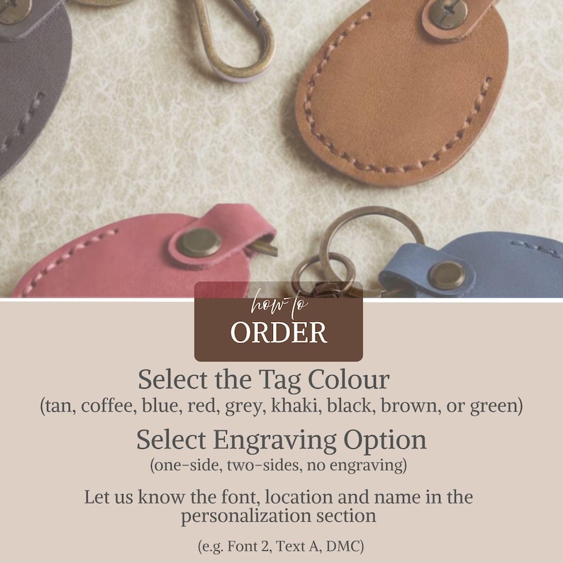 Pu&ograve; includere: Portachiavi in pelle in vari colori, tra cui marrone, rosa e blu, con anelli in metallo. I portachiavi ovali hanno bordi cuciti. L'immagine include il testo "how to ORDER".