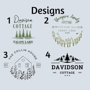 Op de afbeelding: Vier cottage-ontwerpopties met tekst en illustraties. Ontwerpen bevatten tekst zoals "Davison Cottage", "Thompson Family Cottage", "The Collin House" en "Davidson Cottage". Illustraties omvatten bomen, een huis en bloemelementen.