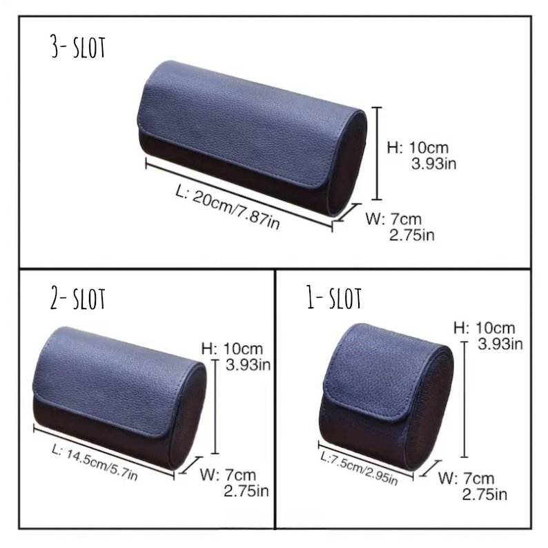 May include: A set of three navy blue watch cases with textured surfaces, labelled 3-slot, 2-slot, and 1-slot. The 3-slot case measures 20cm/7.87in long, 7cm/2.75in wide, and 10cm/3.93in high. The 2-slot is 14.5cm/5.7in long, and the 1-slot is 7.5cm/2.95in long.