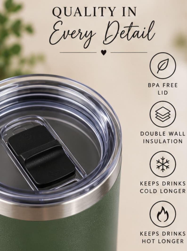 May include: A green tumbler with a clear lid and a black sliding closure. Text reads: Quality in Every Detail, BPA Free Lid, Double Wall Insulation, Keeps Drinks Cold Longer, Keeps Drinks Hot Longer. Icons show a leaf, stacked layers, snowflake, and flame.