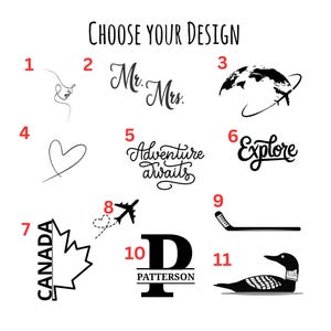 K&ouml;nnte beinhalten: Auf wei&szlig;em Hintergrund werden verschiedene Designoptionen angezeigt. Der Text "CHOOSE YOUR DESIGN" steht oben. Designs umfassen eine Strichzeichnung eines Gesichts, "Mr. Mrs.", einen Globus mit einem Flugzeug, ein Herz, "Adventure Awaits" und das Wort "Explore".