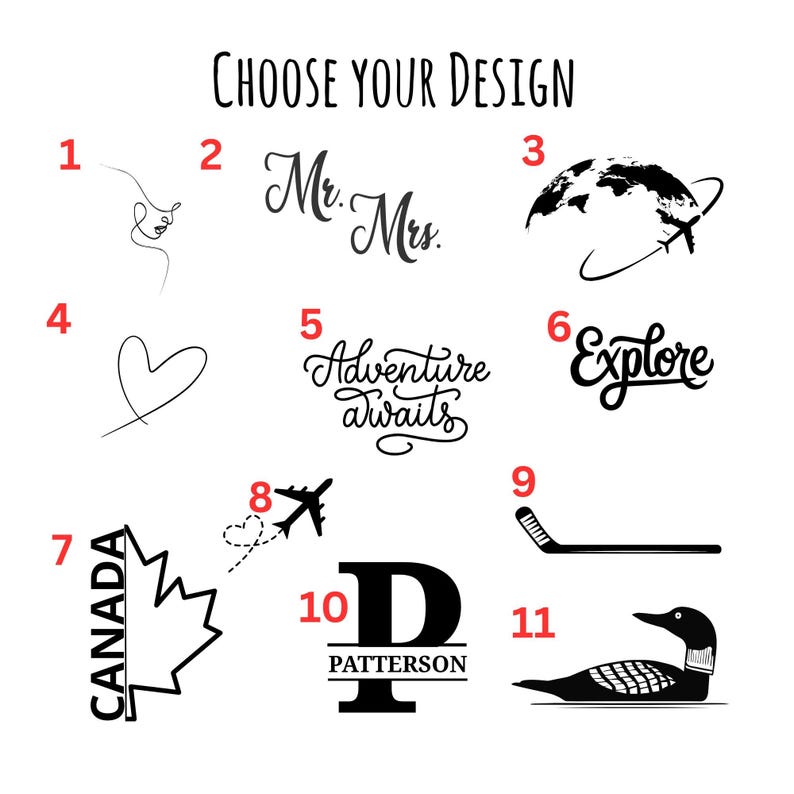 K&ouml;nnte beinhalten: Auf wei&szlig;em Hintergrund werden verschiedene Designoptionen angezeigt. Der Text "CHOOSE YOUR DESIGN" steht oben. Designs umfassen eine Strichzeichnung eines Gesichts, "Mr. Mrs.", einen Globus mit einem Flugzeug, ein Herz, "Adventure Awaits" und das Wort "Explore".