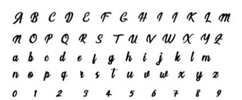 May include: A black script font alphabet display featuring uppercase letters A through Z, lowercase letters a through z, and numerals 0 through 9. Each character is rendered in a consistent, flowing cursive style against a plain white background.