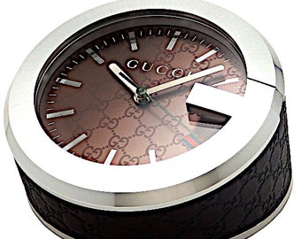 Authentic Gucci Limited Edition Brown Guccisima Leather & Stainless Steel G Bezel Quartz Travel Table Clock