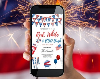 4. Juli, Instant Download, 4. Juli BBQ Bash Einladung, 4. Juli Party einladen, Feuerwerk, Essen und Spaß, Inbezug auf den Unabhängigkeitstag einladen,